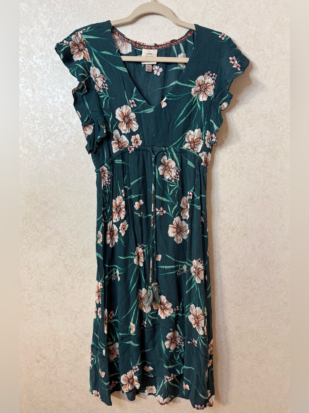 Dark Teal Floral Maxi Dress with Ruffle Sleeves
